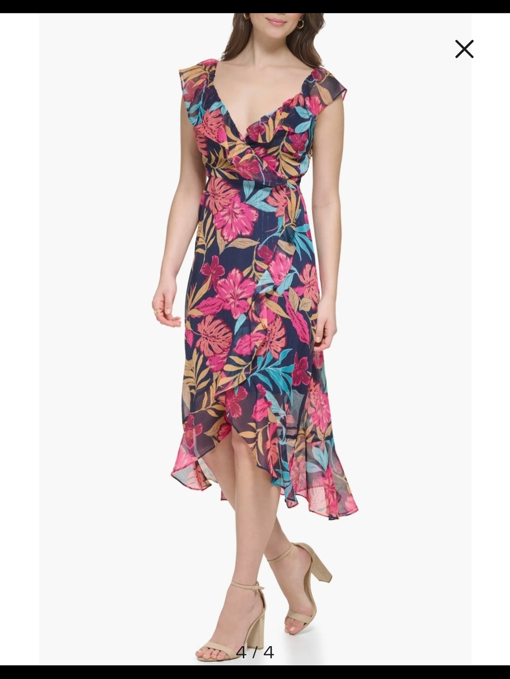Kensie Navy Floral High-Low Summer Wrap Dress with Pink & Teal Blooms Size 2 NWT